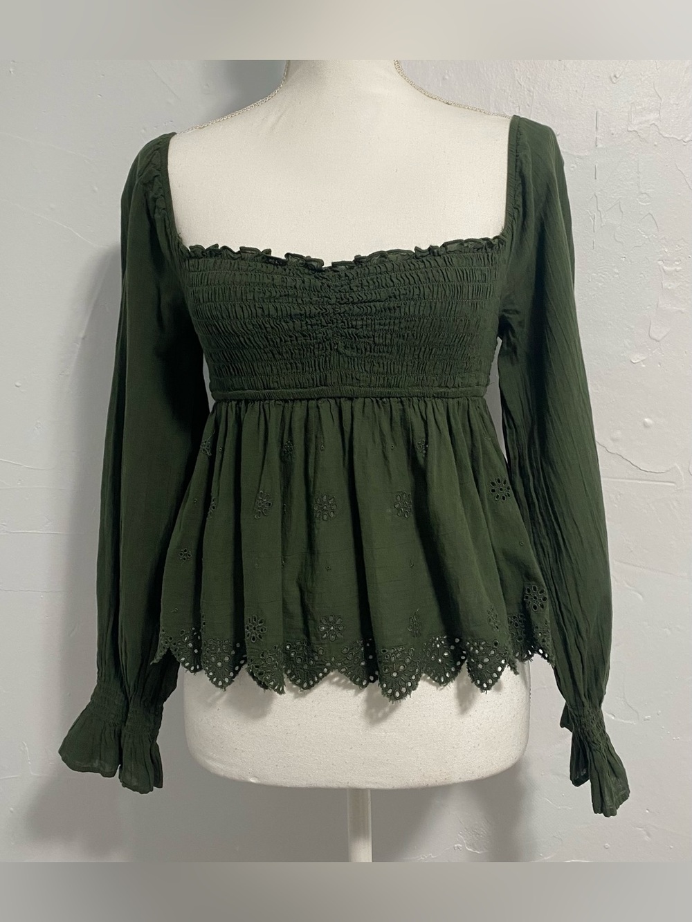 American Eagle Outfitters Olive Green Smocked Peplum Long-Sleeve Top